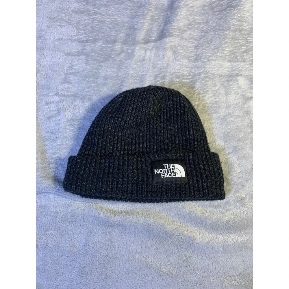The North Face Black Rib Knit Beanie One Size Unisex Fold-over cuff Logo patch